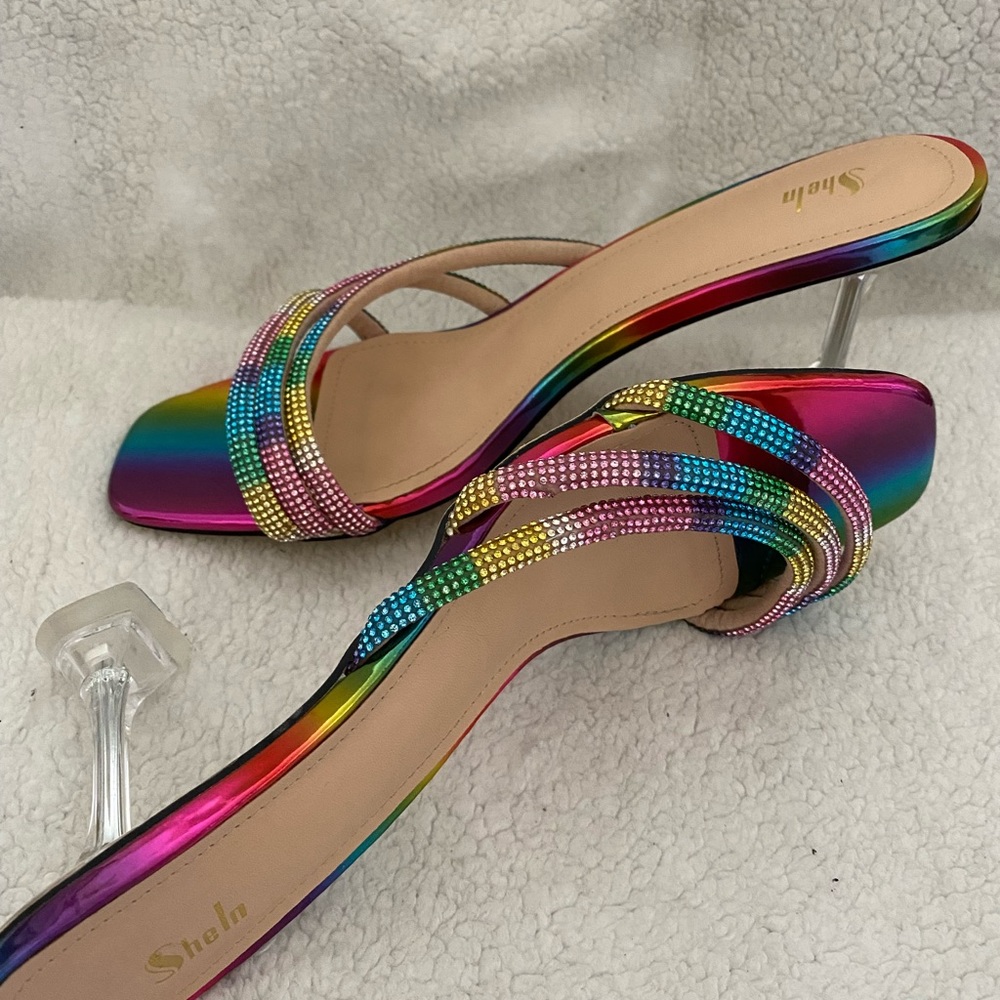 Colorblock Rhinestone Decor Pyramid Heeled Mules Size 10 - Picture 5 of 12
